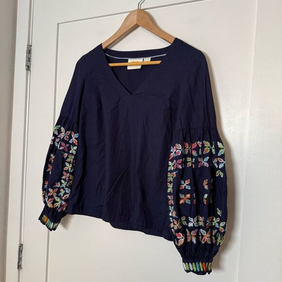 Maeve Anthropologie Sonja Blouse Top Sz 0 Blue Embroidered Balloon Sleeve V Neck - Picture 2 of 12